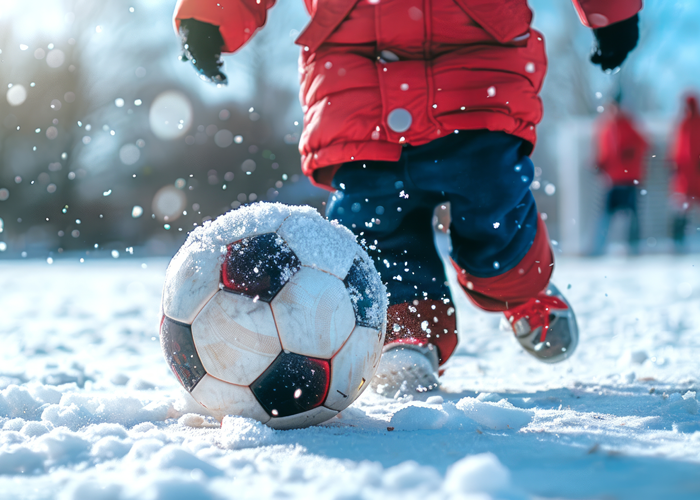 Bambinio che si allana a calcio durante l'inverno'