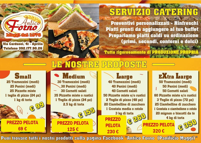 Proposte di di catering dell'Antico Forno, per gli iscritti alla Pelota
